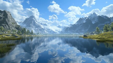 Fototapeta premium A tranquil lake surrounded by towering mountains, mirroring the blue sky above.