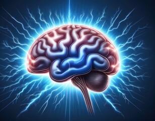 Human brain digital illustration with electrical activity, flashes, and lightning on a blue background