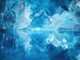 Crystal cave reflected in still water with soft blue lighting and negative space left