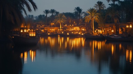 Fototapeta premium A tranquil view of a Nile River village at night, with reflections of lanterns dancing on the water.