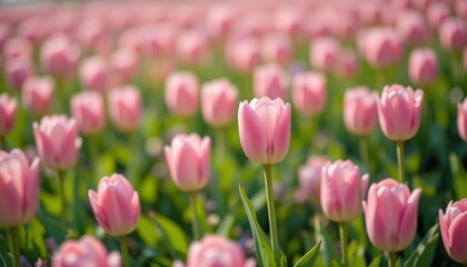 Obraz premium Blooming pink tulips in an expansive green field capture the essence of spring's beauty and renewal under vivid sunlight.