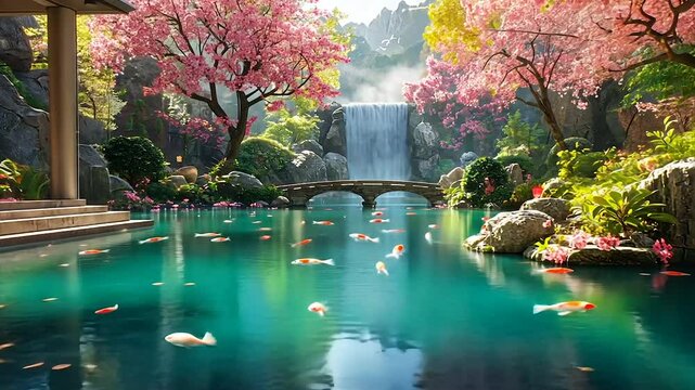 Serene koi pond nestled in a blossoming garden with a waterfall and arched bridge