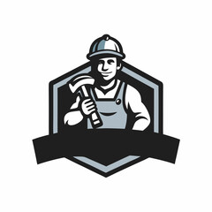 A builder mascot logo. handy man community emblem. Flat style. Vector illustration on white background.