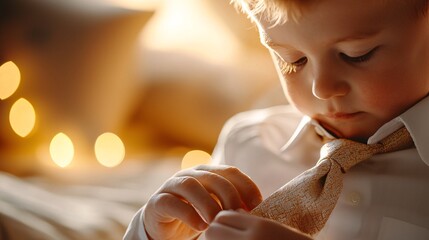 father's day concept. Young Boy Adjusting Gray Tie in Soft Light with Blurred Warm Background Creating an Elegant Atmosphere for Special Occasions and Family Events