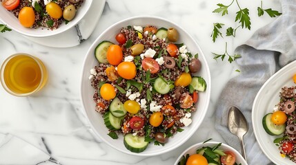 Gluten free Mediterranean quinoa salad cucumber cherry tomatoes olives and feta cheese arranged in a minimalist design