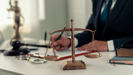 male lawyer judge Providing legal advice regarding various contracts in order to plan court cases....