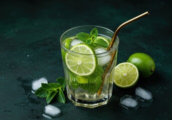 Fototapeta premium Refreshing mojito cocktail with lime, mint, and ice cubes on dark green textured surface