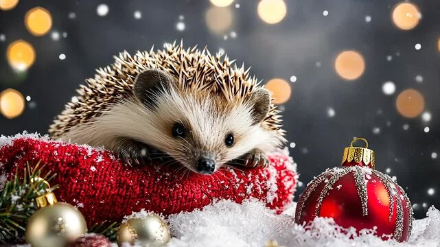 Festive hedgehog nestled in red fabric with Christmas ornaments and snow