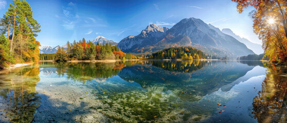 Panoramic view vibrant of the lake water surface mountain view light reflection clear mirror.