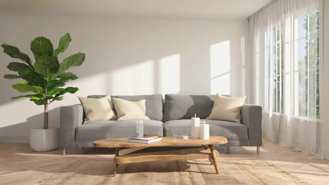 Helles gem&uuml;tliches Wohnzimmer mit modernem Sofa und Holztisch

