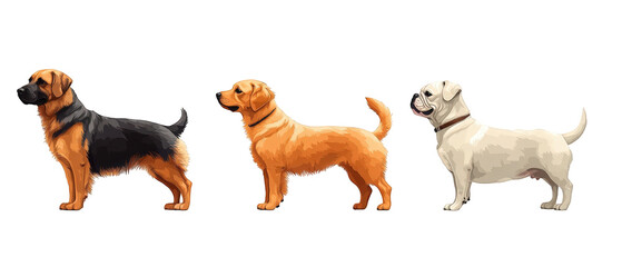 Fototapeta premium Three distinct dog breeds standing in profile, showcasing their unique features and colors (1)