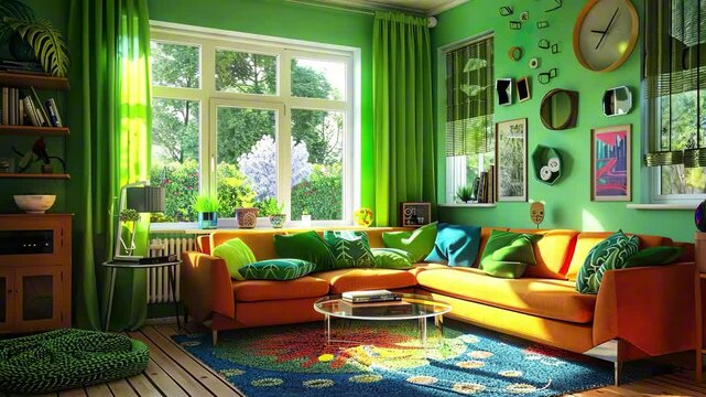 Bright colorful living room with orange sofa, patterned rug and green walls, bathed in daylight from large window with garden view. Cozy eclectic home interior concept, maximalism design concept