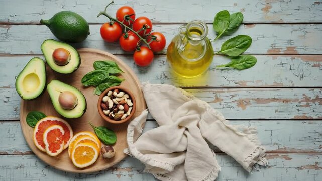Frische gesunde Lebensmittel auf rustikalem Holztisch

