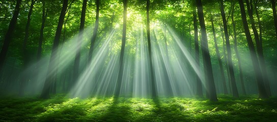 Sunbeams illuminating a lush green forest with tall trees present