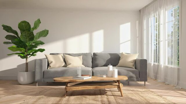 Helles gem&uuml;tliches Wohnzimmer mit modernem Sofa und Holztisch

