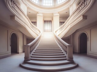 Symmetrical staircase in grand building and natural skylight, space on left