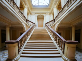 Symmetrical staircase in grand building and natural skylight, space on left
