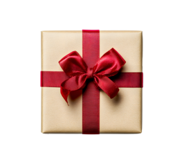 Top view of Christmas gift box wrapped in brown craft paper and red ribbon isolated on white or transparent background