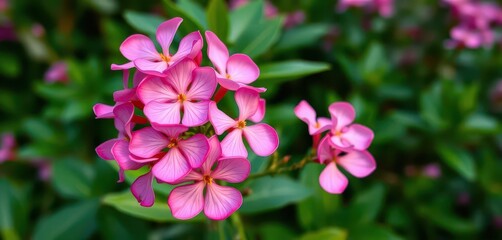 Obraz premium Pink Adenium obesum blossoms in sharp focus, lush green foliage blurred background, nature, bright, garden photography