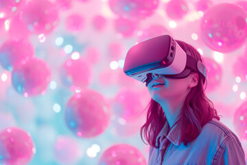Asian school student with VR headset using AI artificial intelligence technology & machine learning. Interactive technology in classroom. Innovation & smart tech. AI pink hologram in education	
