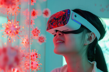 Medical student with VR headset using AI artificial intelligence technology & machine learning. Interactive technology in science lab. Innovation & smart tech. AI hologram education, bacteria cells