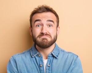Obraz premium smiling depression smiling face silence concept. Confused man with a beard against a light orange background.