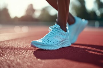 A close up of an athlete s lower body in a starting position on a red running track