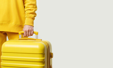 A female hand in yellow clothes holding yellow travel suitcase, isolated on simple light background with empty copy space for text. Travel concept.