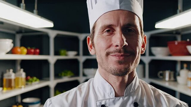 Professional cook wearing uniform and toque showing different facial expressions from serious to happy while standing in professional kitchen