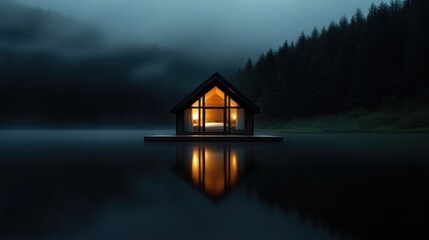 Fototapeta premium Serene Lakeside Cabin at Dusk