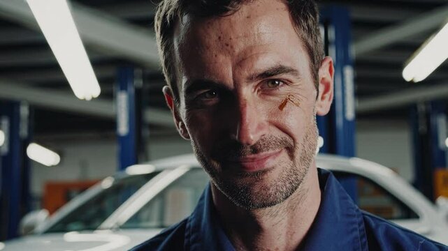 Professional mechanic wearing blue uniform standing near car lift, transforming from serious concentration to warm, confident smile while surrounded by workshop tools and automotive equipment