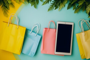 Exciting Springtime Sales Concept Featuring Shopping Bags and a Digital Tablet