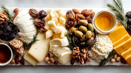 A visually captivating assortment of gourmet food items, including cheese, olives, and honey, beautifully arranged for culinary delight. A food-lover's dream comes to life.