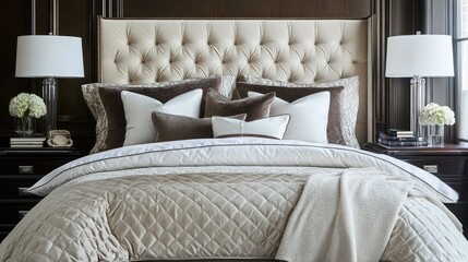 Luxurious bedroom interior with a made bed, dark wood accents, and decorative items