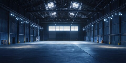An industrial warehouse, empty and dimly lit with a dark blue hue. The high ceiling and lack of windows create a sense of vastness.