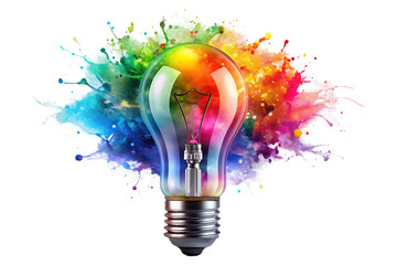 a 3d colorful glowing idea bulb with color splash on transparent background