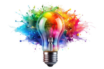 a 3d colorful glowing idea bulb with color splash on transparent background