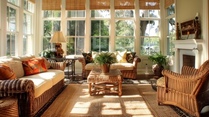 Obraz premium Sun-filled living room with rattan accents, cane chairs, and jute rug under bay window