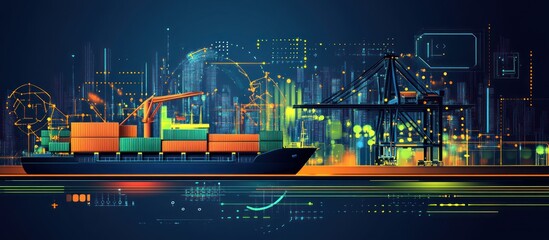 A cargo ship is docked in a vibrant futuristic port environment