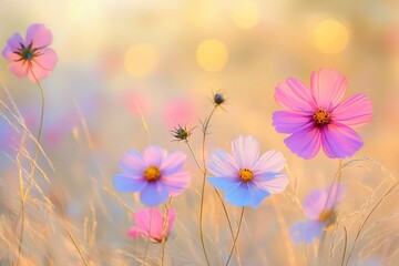 Obraz premium AI-generated digital illustration of delicate cosmos flowers in a dreamy summer meadow, glowing in soft sunlight. Photorealistic and ethereal style for visual storytelling or decor use.
