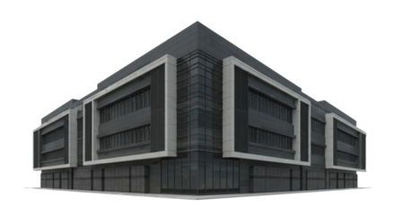 Sleek modern office building against white backdrop showcasing architectural minimalism