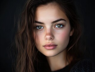 Symmetrical face portrait with studio lighting and negative space