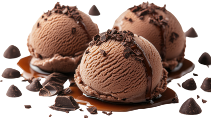 Delectable Chocolate Delight: Three scoops of decadent chocolate ice cream adorned with rich chocolate shavings, a sweet indulgence for the senses.
