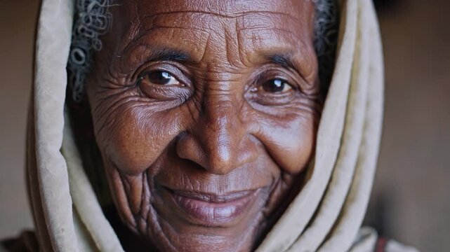 Close-up portrait of a cheerful elderly ethiopian woman wearing a traditional headscarf, her face etched with wrinkles and wisdom, exuding warmth and resilience