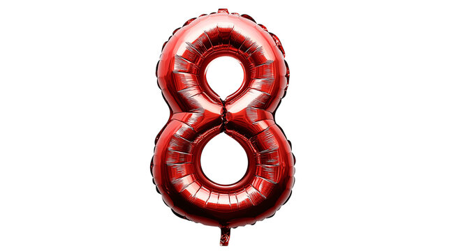Metallic foil balloon shaped like number 8 - white background --ar 16:9
