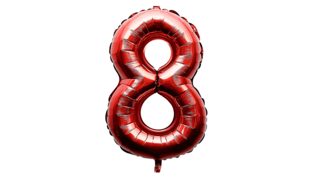 Metallic foil balloon shaped like number 8 - white background --ar 16:9