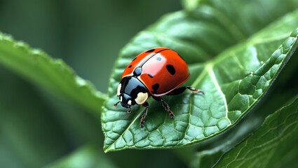 Fototapeta premium Ladybug On A Vibrant Green Leaf Macro Shot Detailed Insect Photography