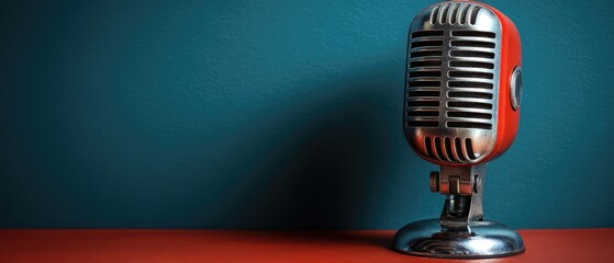 A classic microphone stands against teal background atop a red surface. Vintage aesthetic, studio setting