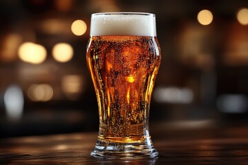 Frothy beer in glass. Golden beverage with bubbles, blur background