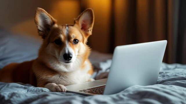 Adorable Corgi Engrossed in Laptop Screen on Cozy Bed: A Glimpse into Pets and Technology